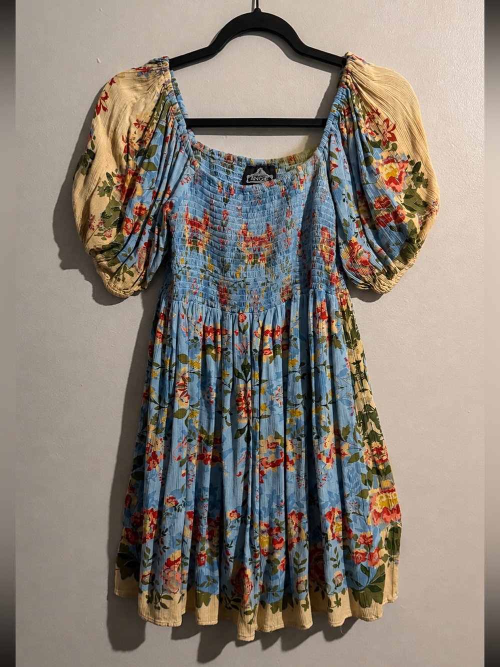 Angie Blue Floral Smocked Puff Sleeve Boho Mini Dress S